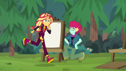 Size: 1920x1080 | Tagged: safe, screencap, oxford brush, sunset shimmer, equestria girls, equestria girls series, g4, sunset's backstage pass!, spoiler:eqg series (season 2), female, geode of empathy, magical geodes, male, music festival outfit, running