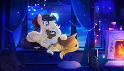 Size: 4000x2291 | Tagged: safe, artist:rish--loo, oc, oc only, oc:eternal light, oc:kalli, alicorn, griffon, pony, alicorn oc, bed, bedroom, blue eyes, book, candle, cloud, fire, fireplace, full moon, griffon oc, heart, horn, lights, looking at each other, moon, night, pillow, plant pot, ponytail, smiling, stars, two toned hair, wings