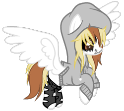 Size: 773x693 | Tagged: safe, artist:rukemon, artist:sunriseauburn, oc, oc only, oc:raggy, demon, demon pony, original species, pegasus, pony, black sclera, blank flank, clothes, colored sclera, commission, female, flying, hoodie, mare, markings, simple background, socks, solo, stockings, thigh highs, torn clothes, transparent background