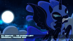 Size: 1920x1080 | Tagged: safe, artist:gestapwarmhunter, artist:missy12113, edit, nightmare moon, alicorn, pony, g4, angry, armor, bared teeth, cloud, cover art, female, flying, mare, moon, night, sky, solo, song cover, stars, text