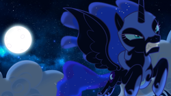 Size: 1920x1080 | Tagged: safe, alternate version, artist:gestapwarmhunter, artist:missy12113, edit, nightmare moon, alicorn, pony, g4, angry, armor, bared teeth, cloud, cover art, female, flying, mare, moon, night, sky, solo, song cover, stars, textless