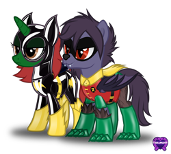 Size: 3345x3000 | Tagged: safe, artist:cyberapple456, oc, oc:ambitious gossip, oc:nyn indigo, bat pony, hybrid, pony, timber wolf, unicorn, batman, batmare, belt, boots, cape, claws, clothes, commission, cosplay, costume, gloves, high res, latex, latex suit, mask, robin, rubber, rubber suit, shoes, show accurate, simple background, super suit, superhero, transparent background, vector