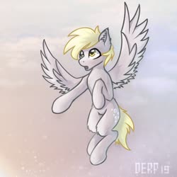 Size: 2560x2560 | Tagged: safe, artist:d3rp-ponki, derpy hooves, pegasus, pony, g4, amazed, cloud, ear fluff, female, flying, high res, leg fluff, mare, open mouth, sky, solo, spread wings, surprised, wings