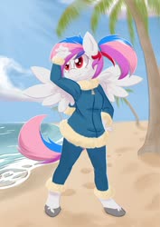 Size: 1448x2048 | Tagged: safe, artist:clawscratch23, oc, oc only, oc:northstar, pegasus, anthro, beach, beach babe, clothes, commission, ocean, palm tree, solo, tree, winter outfit