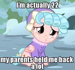Size: 539x500 | Tagged: safe, edit, edited screencap, screencap, cozy glow, pegasus, pony, frenemies (episode), g4, caption, clothes, cozy glow is best facemaker, cozybetes, cozybuse, cropped, cute, female, filly, foal, hat, image macro, meme, pouting, sad, sitting, snow, solo, text, the adventures of jimmy neutron: boy genius, winter outfit