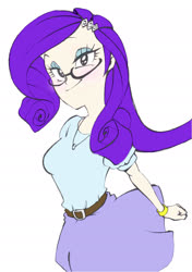 Size: 1669x2367 | Tagged: safe, artist:zxcv, rarity, equestria girls, g4, belt, clothes, cute, female, glasses, looking at you, pixiv, raribetes, simple background, skirt, smiling, solo, white background