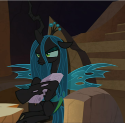 Size: 952x940 | Tagged: safe, screencap, queen chrysalis, pony, frenemies (episode), g4, chair, cropped, female, log, narrowed eyes, pouting, sitting, solo, twilog