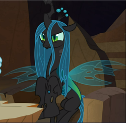 Size: 966x941 | Tagged: safe, screencap, queen chrysalis, pony, frenemies (episode), g4, chair, concave belly, cropped, female, lanky, sitting, skinny, solo, tall, thin