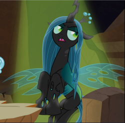 Size: 955x941 | Tagged: safe, screencap, queen chrysalis, pony, frenemies (episode), g4, chair, concave belly, cropped, dismissive, female, lanky, lidded eyes, open mouth, sitting, skinny, solo, spotlight, tall, thin