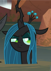 Size: 644x895 | Tagged: safe, screencap, lord tirek, queen chrysalis, frenemies (episode), g4, cropped, cute, cutealis, female, narrowed eyes, queen chrysalis is not amused, solo focus, unamused, water