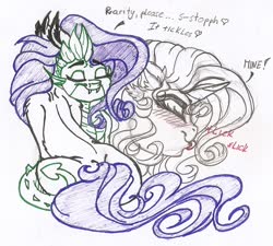 Size: 1145x1029 | Tagged: safe, artist:dimidiummorsumbra, rarity, spike, g4, blushing, dialogue, ear fluff, eyes closed, female, hug, licking, male, mine, ship:sparity, shipping, sitting, sketch, straight, tongue out, traditional art