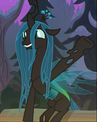 Size: 743x939 | Tagged: safe, screencap, queen chrysalis, pony, frenemies (episode), g4, concave belly, cropped, cute, cutealis, female, lanky, log, sitting, skinny, smiling, solo, tall, thin