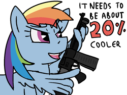 Size: 1024x768 | Tagged: safe, artist:poniidesu, rainbow dash, pegasus, pony, g4, 20% cooler, carbine, cool, drawthread, female, gun, mare, rifle, solo, speech, tacticool, text, weapon, wing hands, wing hold, wings