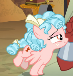 Size: 582x605 | Tagged: safe, screencap, cozy glow, lord tirek, pegasus, pony, frenemies (episode), g4, cropped, female, filly, flying, freckles, lidded eyes, smiling, smirk, smug, solo focus