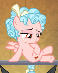 Size: 536x672 | Tagged: safe, screencap, cozy glow, lord tirek, pegasus, pony, frenemies (episode), g4, cropped, female, filly, foal, freckles, lidded eyes, sitting, smiling, smug, solo focus, spread wings, wings