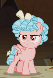 Size: 436x634 | Tagged: safe, screencap, cozy glow, pegasus, pony, frenemies (episode), g4, bow, cozy glow is not amused, cozybetes, cropped, cute, female, filly, foal, freckles, frown, hair bow, solo, tail bow, unamused