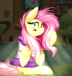 Size: 1700x1800 | Tagged: safe, artist:lcpegasister75, fluttershy, pegasus, pony, g4, bathroom, bed hair, blushing, cute, female, fluttershy's cottage, mare, messy mane, shyabetes, sitting, solo, startled, surprised