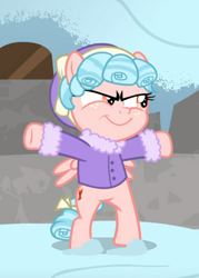 Size: 602x843 | Tagged: safe, screencap, cozy glow, pegasus, pony, frenemies (episode), g4, bipedal, clothes, cozy glow is best facemaker, cropped, evil smile, female, filly, foal, freckles, grin, smiling, sneaking, solo, t pose, winter outfit