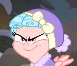 Size: 1091x938 | Tagged: safe, screencap, cozy glow, pegasus, pony, frenemies (episode), g4, clothes, cozy glow is best facemaker, cropped, evil smile, female, filly, foal, freckles, grin, smiling, solo, spread wings, wings, winter outfit