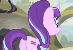 Size: 739x508 | Tagged: safe, screencap, starlight glimmer, pony, unicorn, g4, season 5, the cutie map, animated, butt, equal cutie mark, female, gif, glimmer glutes, lidded eyes, looking back, plot, solo