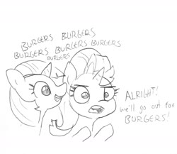 Size: 1599x1389 | Tagged: safe, artist:tjpones, starlight glimmer, twilight sparkle, pony, g4, cute, dialogue, duo, female, mare, monochrome, open mouth, that pony sure does love burgers, traditional art, twiabetes, twilight burgkle