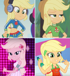 Size: 753x819 | Tagged: safe, applejack, equestria girls, g4, i'm on a yacht, lost and found, my little pony equestria girls: better together, turf war, beautiful, clothes, collage, comparison, cute, geode of empathy, geode of fauna, geode of shielding, geode of sugar bombs, geode of super speed, geode of super strength, geode of telekinesis, jackabetes, lifeguard, magical geodes, neon eg logo, swimsuit, vacation