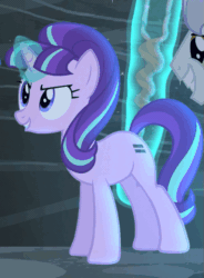 Size: 389x528 | Tagged: safe, screencap, starlight glimmer, pony, unicorn, g4, the cutie map, animated, cropped, cult, cutie mark vault, egalitarianism, equal cutie mark, evil grin, evil planning in progress, fake cutie mark, fake smile, female, gif, glowing horn, grin, horn, levitation, magic, magic aura, male, mare, mocking, s5 starlight, smiling, solo focus, squint, staff, staff of sameness, stallion, talking, telekinesis, wide smile