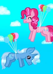 Size: 400x560 | Tagged: safe, artist:lightningbolt39, pinkie pie, trixie, earth pony, pony, unicorn, g4, balloon, female, flying, lesbian, ship:trixiepie, shipping