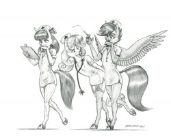 Size: 1400x1126 | Tagged: safe, artist:baron engel, apple bloom, scootaloo, sweetie belle, earth pony, pegasus, unicorn, anthro, unguligrade anthro, g4, :p, clipboard, clothes, colored hooves, cutie mark crusaders, female, garter belt, grayscale, monochrome, nurse, nurse outfit, older, older apple bloom, older scootaloo, older sweetie belle, pencil drawing, simple background, socks, stethoscope, story included, syringe, thigh highs, tongue out, traditional art, trio, trio female, white background