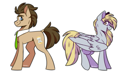 Size: 2123x1259 | Tagged: safe, artist:lrusu, derpy hooves, doctor whooves, time turner, earth pony, pegasus, pony, g4, duo, female, male, mare, necktie, open mouth, signature, simple background, stallion, white background