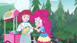 Size: 1920x1080 | Tagged: safe, screencap, pinkie pie, puffed pastry, equestria girls, equestria girls series, g4, sunset's backstage pass!, spoiler:eqg series (season 2), batter, bowl, chef's hat, female, food, hat, mixing bowl, puffed pastry's churro stand, wooden spoon