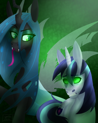 Size: 1024x1280 | Tagged: dead source, safe, artist:yuriio-nice, queen chrysalis, shining armor, changeling, changeling queen, pony, unicorn, a canterlot wedding, g4, duo, female, glowing eyes, mind control, tongue out, wings