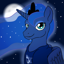 Size: 1200x1200 | Tagged: safe, artist:mcsplosion, princess luna, alicorn, pony, g4, clothes, female, looking at you, moon, night, shirt, solo, t-shirt