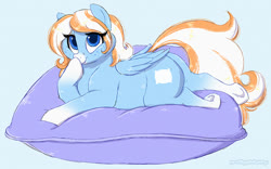 Size: 1387x867 | Tagged: safe, artist:prettypinkpony, oc, oc only, oc:cozy cotton, pegasus, pony, boop, chubby, cute, fat, female, freckles, lying down, mare, pillow, plump, self-boop, solo, underhoof