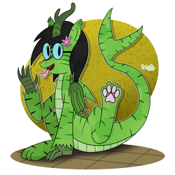 Size: 2500x2500 | Tagged: safe, artist:b-cacto, oc, oc only, oc:prickly pears, bat pony, cat, cat pony, chimera, crystal pony, dracony, dragon, hippogriff, hybrid, kirin, original species, pony, shark, shark pony, zebra, zebra kirin, abomination, bat wings, claws, fangs, flower, flower in hair, glasses, high res, horn, looking at you, paw pads, paws, solo, stripes, super hybrid, tail, tongue out, underpaw, wat, what has science done, wings