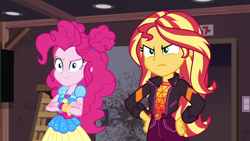 Size: 1920x1080 | Tagged: safe, screencap, pinkie pie, sunset shimmer, equestria girls, equestria girls series, g4, sunset's backstage pass!, spoiler:eqg series (season 2), crossed arms, duo, duo female, female, geode of empathy, geode of sugar bombs, hand on hip, magical geodes, music festival outfit, sunset shimmer is not amused, unamused