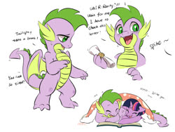 Size: 2000x1500 | Tagged: safe, artist:drtuo4, spike, twilight sparkle, alicorn, dragon, pony, g4, bedsheets, blushing, book, cute, female, implied rarity, laughing, male, mare, reading, scroll, spikabetes, spikelove, twiabetes, twilight sparkle (alicorn), winged spike, wings