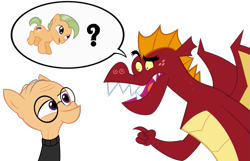 Size: 927x597 | Tagged: safe, artist:queencold, garble, oc, dragon, pony, g4, duo, elderly, male, simple background, speech bubble, stallion, teenaged dragon, transparent background