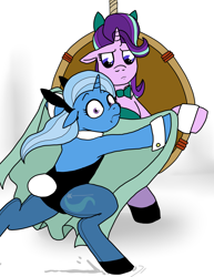 Size: 2783x3600 | Tagged: safe, artist:pony quarantine, starlight glimmer, trixie, pony, unicorn, g4, angry, blanket, bunny ears, bunny suit, clothes, covering, duo, female, floppy ears, high res, inconvenient trixie, jealous, leotard, mare, pantyhose, rope, shrunken pupils, simple background, skidding, staring at you, unamused