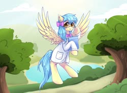 Size: 2048x1497 | Tagged: safe, artist:peaceanya0206, oc, oc only, pegasus, pony, clothes, lab coat, lake, solo, tree