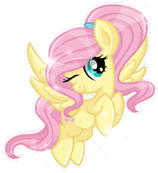 Size: 527x579 | Tagged: safe, artist:sunshineshiny, fluttershy, pegasus, pony, g4, alternate hairstyle, cute, female, hooves to the chest, mare, one eye closed, ponytail, shyabetes, simple background, smiling, solo, spread wings, transparent background, wings, wink