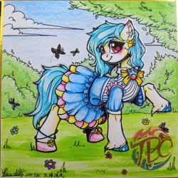Size: 2048x2045 | Tagged: safe, artist:peaceanya0206, oc, oc only, earth pony, pony, ambiguous gender, blushing, clothes, dress, flower, high res, looking at you, outdoors, smiling, solo, sunlight, unshorn fetlocks, walking