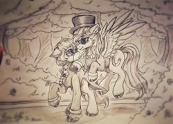Size: 1055x754 | Tagged: safe, artist:peaceanya0206, oc, oc only, earth pony, pegasus, pony, clothes, hat, monochrome, top hat