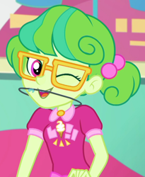 Size: 832x1014 | Tagged: safe, screencap, stella sprinkles, human, equestria girls, g4, my little pony equestria girls: choose your own ending, tip toppings, braces, cashier, cropped, cute, female, glasses, looking at you, one eye closed, orthodontic headgear, pigtails, smiling, solo, spittle, twintails, wink