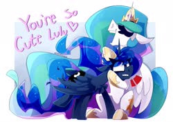 Size: 2368x1681 | Tagged: safe, artist:nekosnicker, princess celestia, princess luna, alicorn, pony, g4, abstract background, annoyed, chest fluff, duo, eye clipping through hair, eyes closed, female, heart, luna is not amused, mare, open mouth, royal sisters, ruffled hair, sibling teasing, siblings, sisters, unamused, varying degrees of want