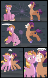 Size: 5000x8000 | Tagged: safe, artist:chedx, oc, oc only, oc:fast hooves, oc:home defence, clydesdale, pegasus, pony, unicorn, comic:the fusion flashback, butt, comic, commissioner:bigonionbean, confused, confusion, dialogue, flank, fusion, fusion:big macintosh, fusion:flash sentry, fusion:shining armor, fusion:trouble shoes, large butt, magic, panicking, parent:big macintosh, parent:shining armor, plot, potion, spread wings, writer:bigonionbean