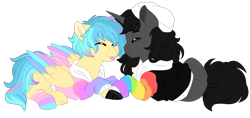 Size: 1024x484 | Tagged: safe, artist:azure-art-wave, oc, oc only, oc:blue, oc:matt, pegasus, pony, unicorn, clothes, colored wings, hoodie, male, multicolored wings, stallion, tongue out, wings