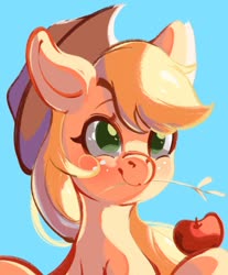 Size: 1178x1420 | Tagged: safe, artist:tohupo, applejack, earth pony, pony, g4, apple, blue background, cowboy hat, cute, female, food, hat, hoof hold, jackabetes, mare, simple background, solo, straw in mouth