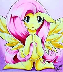 Size: 1810x2048 | Tagged: safe, artist:025aki, fluttershy, pegasus, pony, g4, blushing, female, looking at you, mare, solo, traditional art