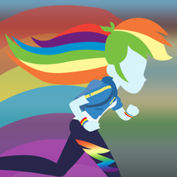 Size: 5000x5000 | Tagged: safe, artist:egor418, rainbow dash, equestria girls, g4, my little pony equestria girls: better together, run to break free, backpack, clothes, cute, dashabetes, female, geode of super speed, jacket, lineless, magical geodes, minimalist, modern art, no eyes, pants, run, running, solo